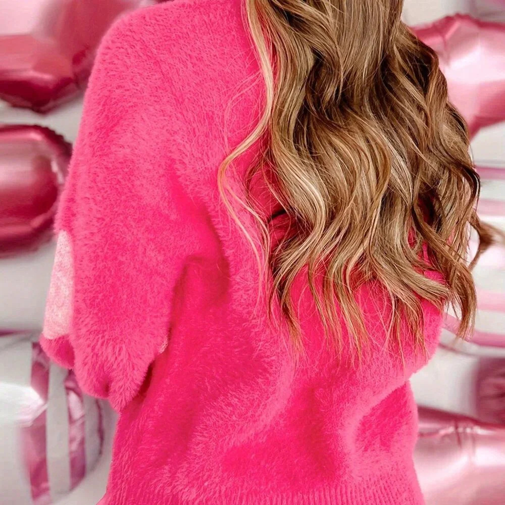 Rose Red Casual Women's Valentine's Day Heart Pattern Fuzzy Long Sleeve Sweater - Picture 6 of 6
